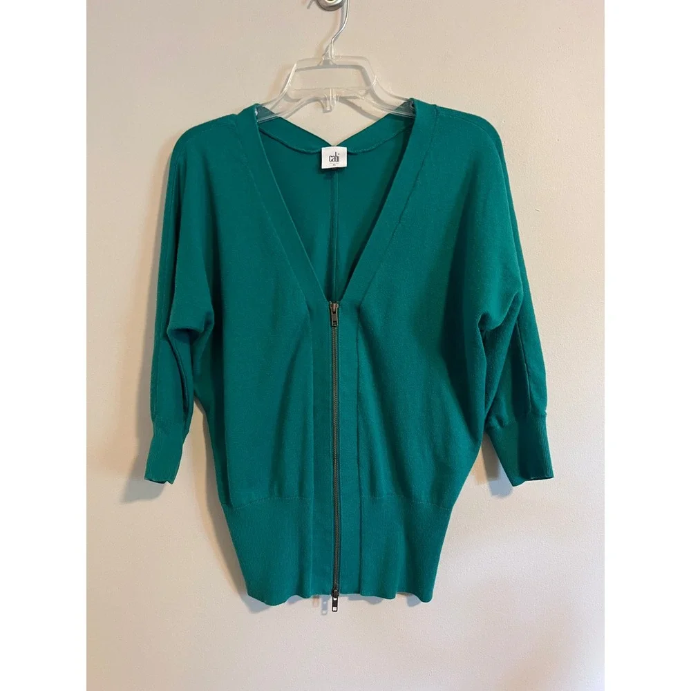 Cabi Teal Green Full Zip V-Neck Dolman Sleeve Cardigan Sweater Womens Medium